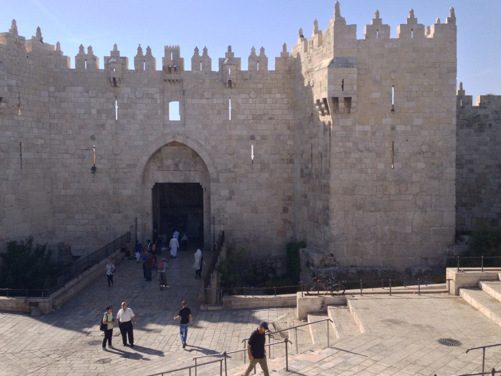 Damascus Gate, the main Arab entrance to the Old City, built on the ruins of a Roman gate built by the Emperor Hadrian, back when he changed the name of the city to Aelia Capitolina and expelled all Jews.